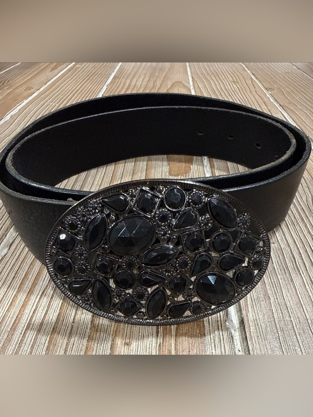 Vintage Express Black Leather Belt Statement Oval Rhinestone Buckle England Y2K